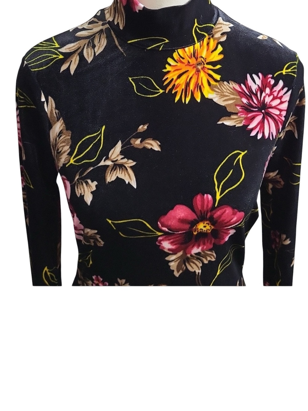 Venus Sz SM Black Velvet Bodycon Midi Dress Long Sleeve Mock Neck Floral Y2K - Picture 13 of 16